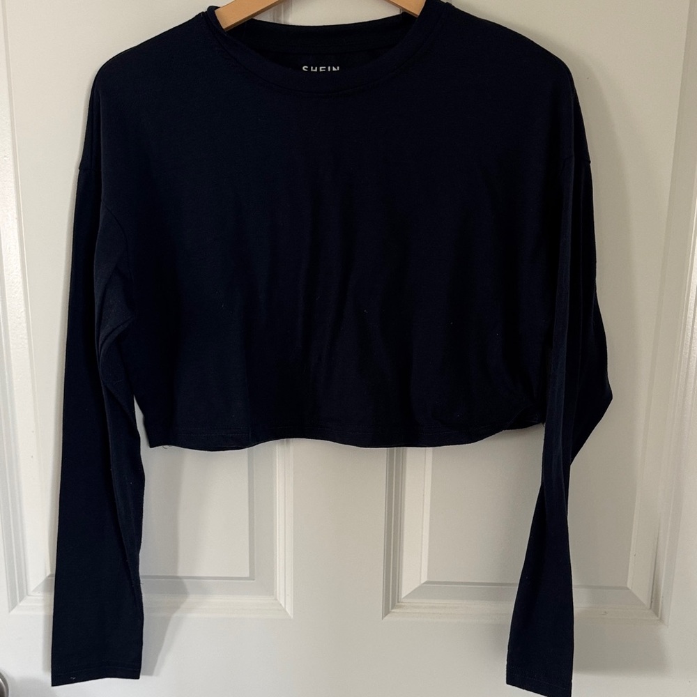 SHEIN Navy Blue Cropped Long-Sleeve Crew Top